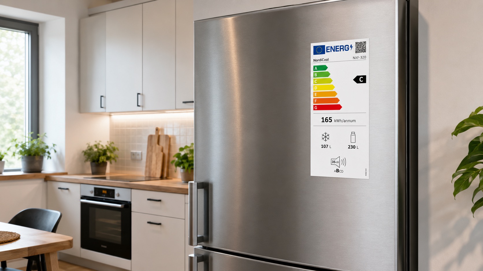 Étiquette énergie affichée sur la porte d'un appareil électroménager