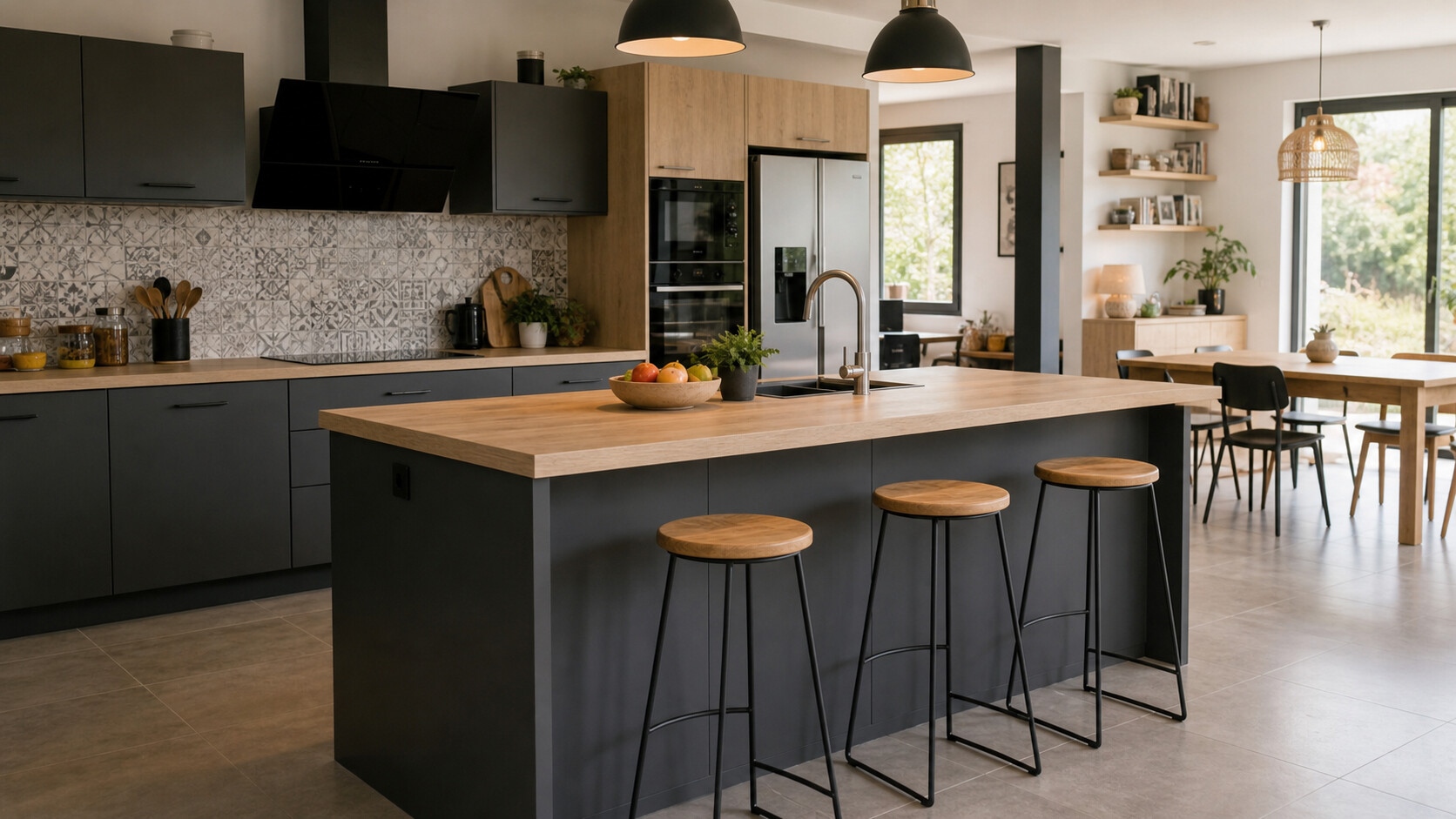 Îlot central avec tabourets dans une cuisine ouverte