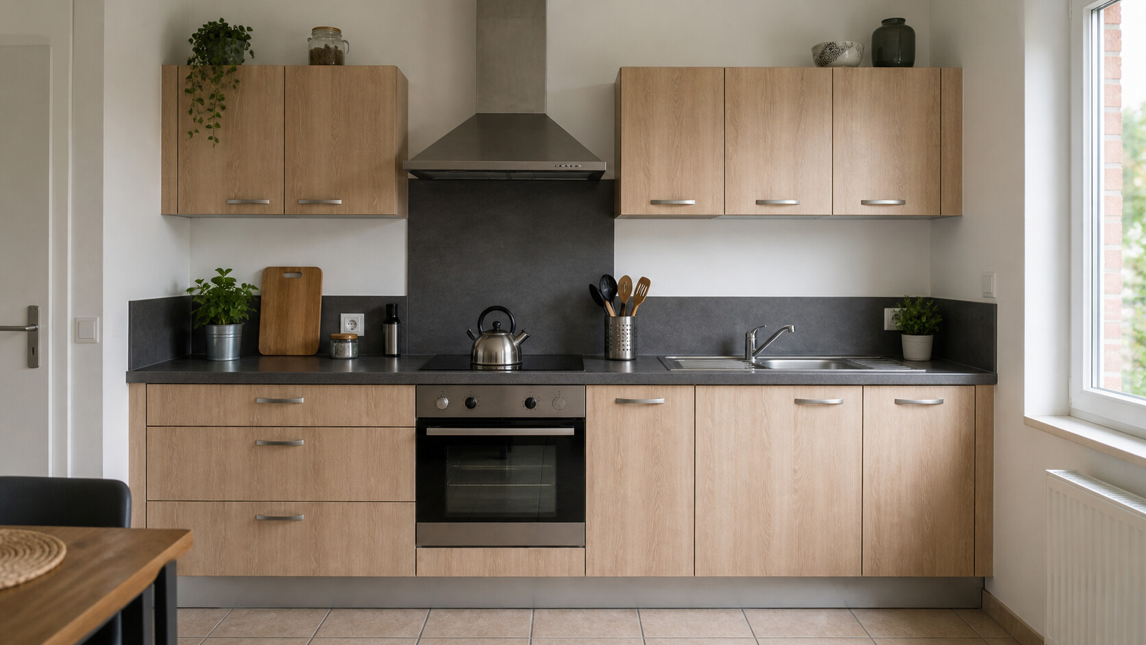 Cuisine linéaire installée sur un seul mur avec évier et plaque de cuisson