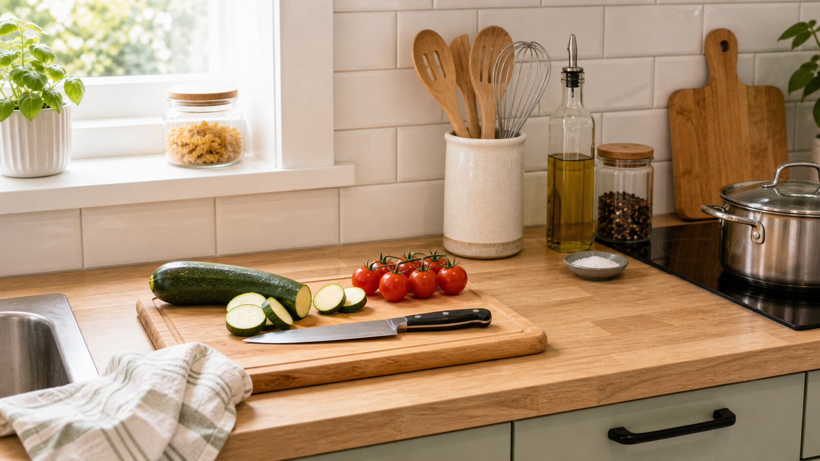 Plan de travail nettoyé avec planche à découper et ustensiles de cuisine