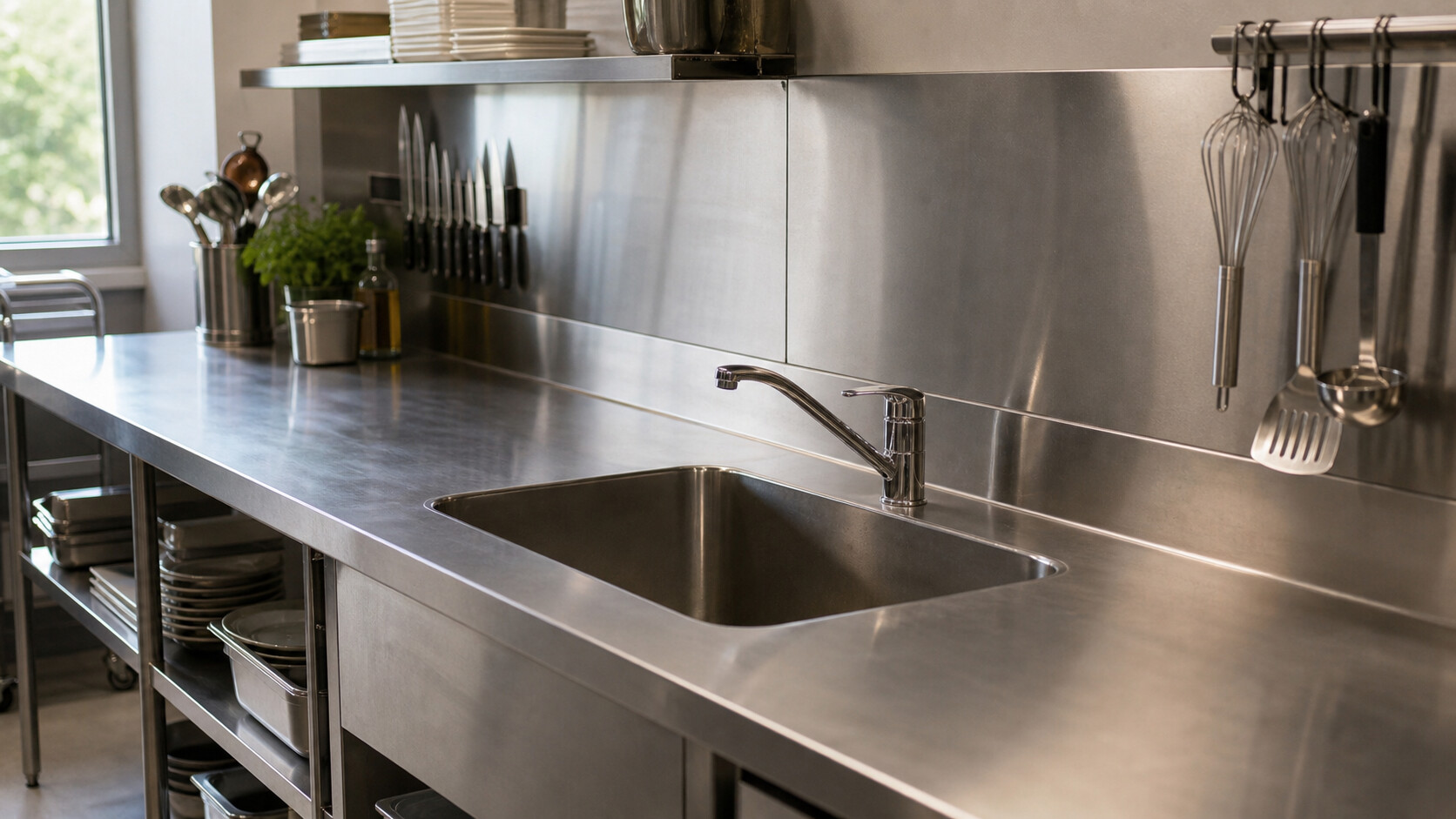 Plan de travail en inox avec évier et crédence de cuisine professionnelle